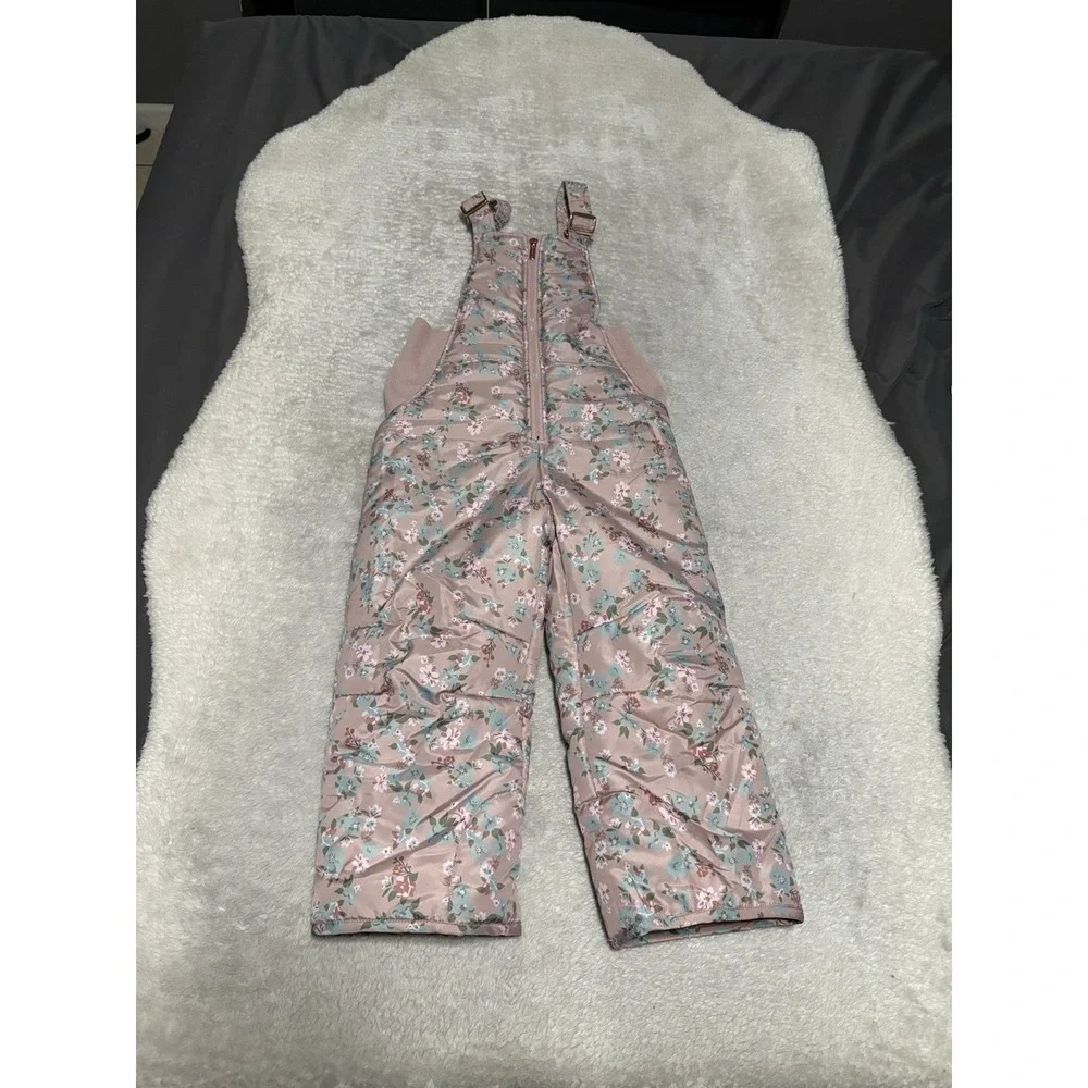 New Tahari Girls Size 5 Pink Floral Snow Bibs Pants New